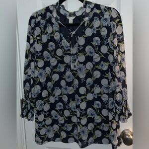 Cato Navy Floral Blouse with Ruffle Sleeves and Smocked Cuffs